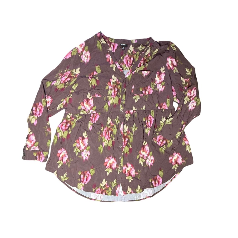 Torrid Floral Button-Up Blouse Long Sleeve Brown Pink Plus‎ Size 2